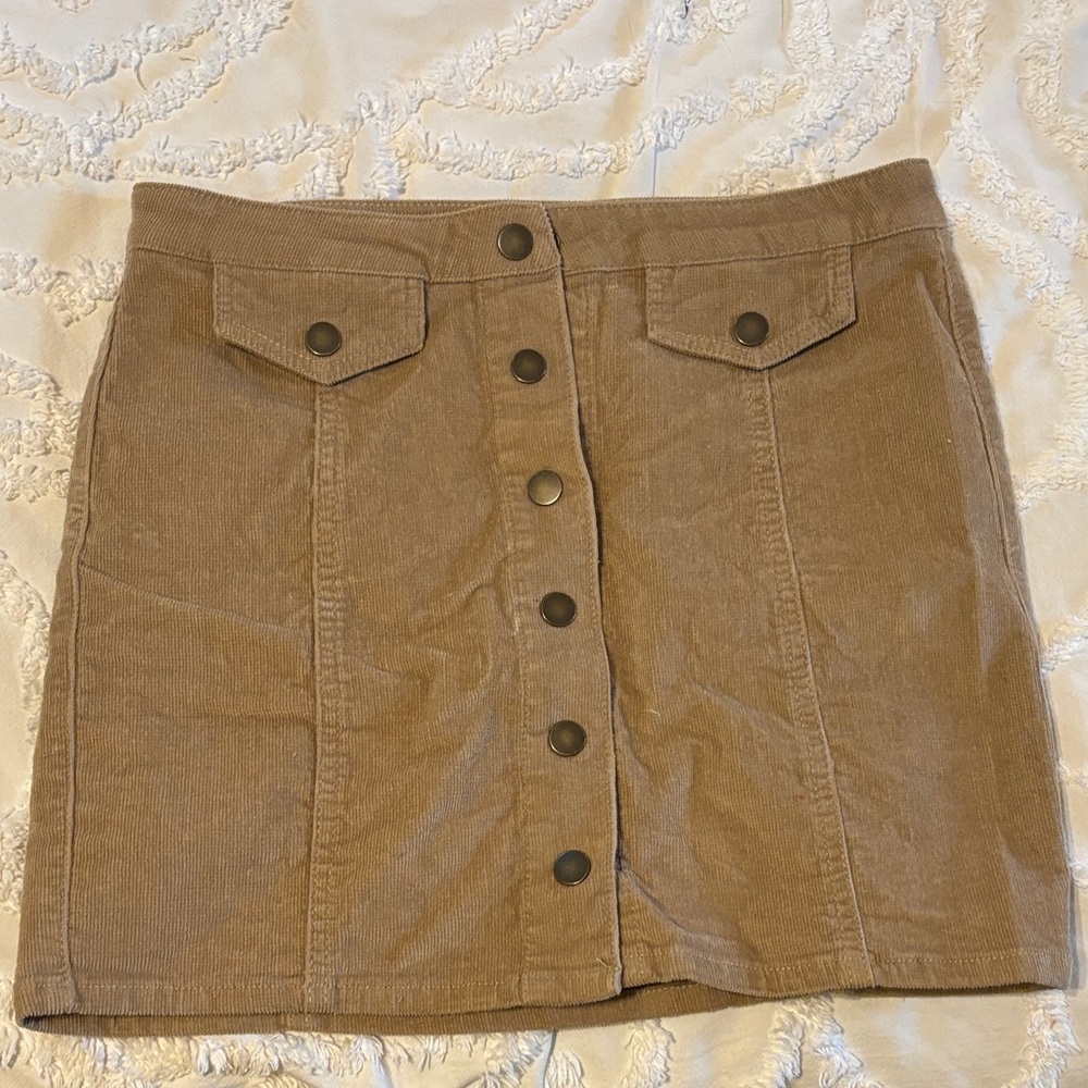 Tan Button-Front Corduroy Skirt